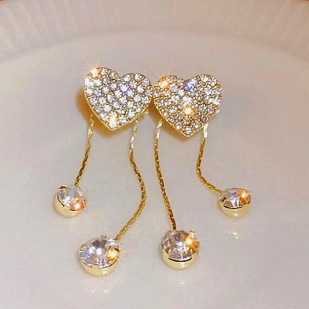 Heart Dangle Earrings with Rhinestone Waterfall Drop